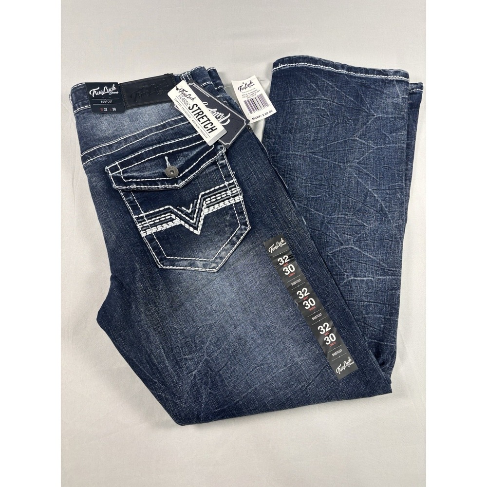 True Luck Jeans Mens 32x30 Bootcut Flap Pocket Classic Stretch Dark Wash NWT